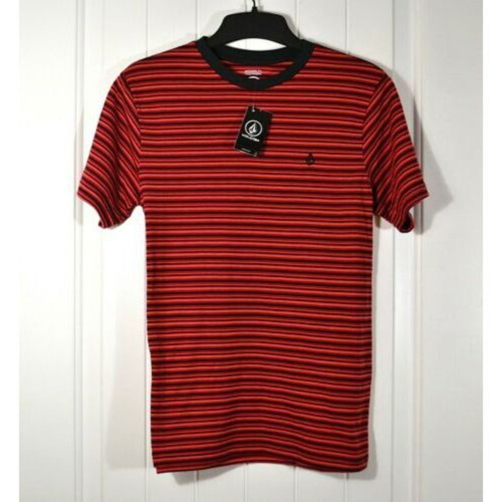 Volcom Boy's Short Sleeve Striped T-Shirt Tee Red Three Storie SS Crew Size L